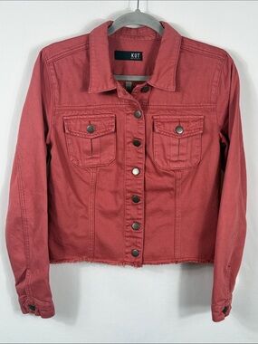 Kut from the Kloth Coral-Red Cropped Denim Jacket Frayed Hem. Womens Size M